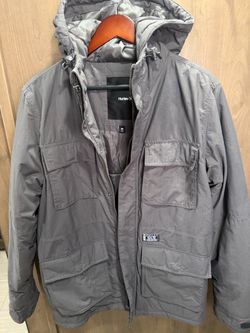 Hurley Men’s Military-Style Hooded Utility Jacket Gray Size M
