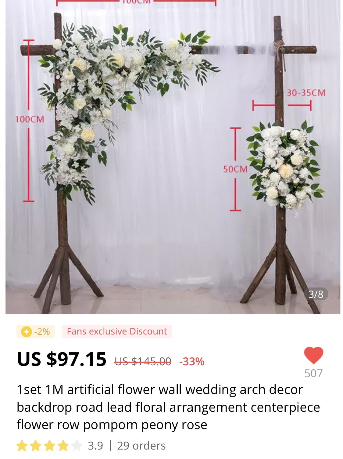 Wedding Arch Flowers , Artificial Flowers. Assembled, easy to set up