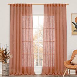 LAMIT Extra Wide Linen Curtains For Bedroom, Terracotta Light Filtering Faux Linen Textured Panels Semi Sheer Back Tab And Rod Pocket Boho Drapes For