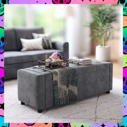 Gray Rectangular 50" Velvet Storage Ottoman Bench Footrest. New, Unassembled In Box. 