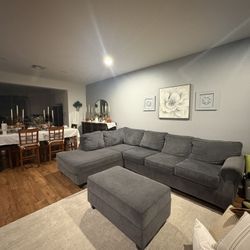 Comfortable Grey Sectional Sofa + Ottoman 