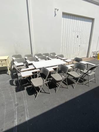 Teacher’s Table and 16 Folding Student Desks With Chairs
