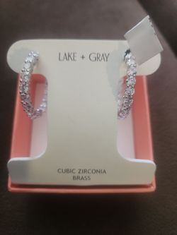 Lake + Gray Clear Cubic Zirconia Silver-Tone Hoop Post Earrings NEW IN BOX