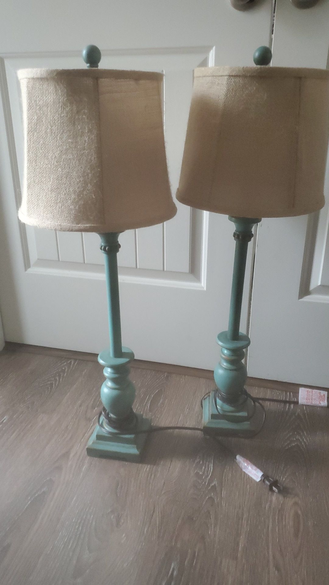 2 teal night stand lamps