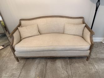 RH LAURENT SALON BENCH WITH BURLAP