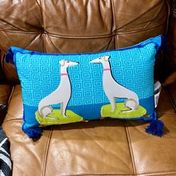 Greyhound Dog  Fancy Throw Pillow Art Deco Style Greek Key design background with Tassels Double sided  Bright Colorful Statement Piece