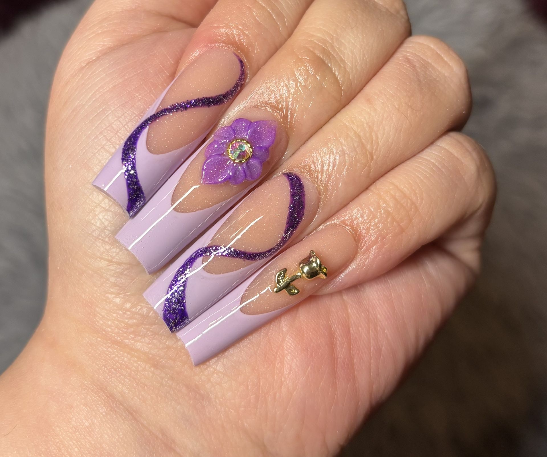 Acrylic press on nails purple acrylic flowers gold rose glitter handmade custom