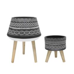 18 in. and 10 in. Black Tribal Fiberglass Plant Pot on Wood Stand Mid-Century Planter (Set of 2) by Flora Bunda