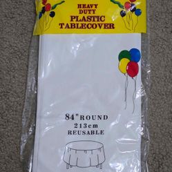 Grandipity Brand Round White Plastic 84" Reusable Tablecloth, Party & Event Decorative Cover