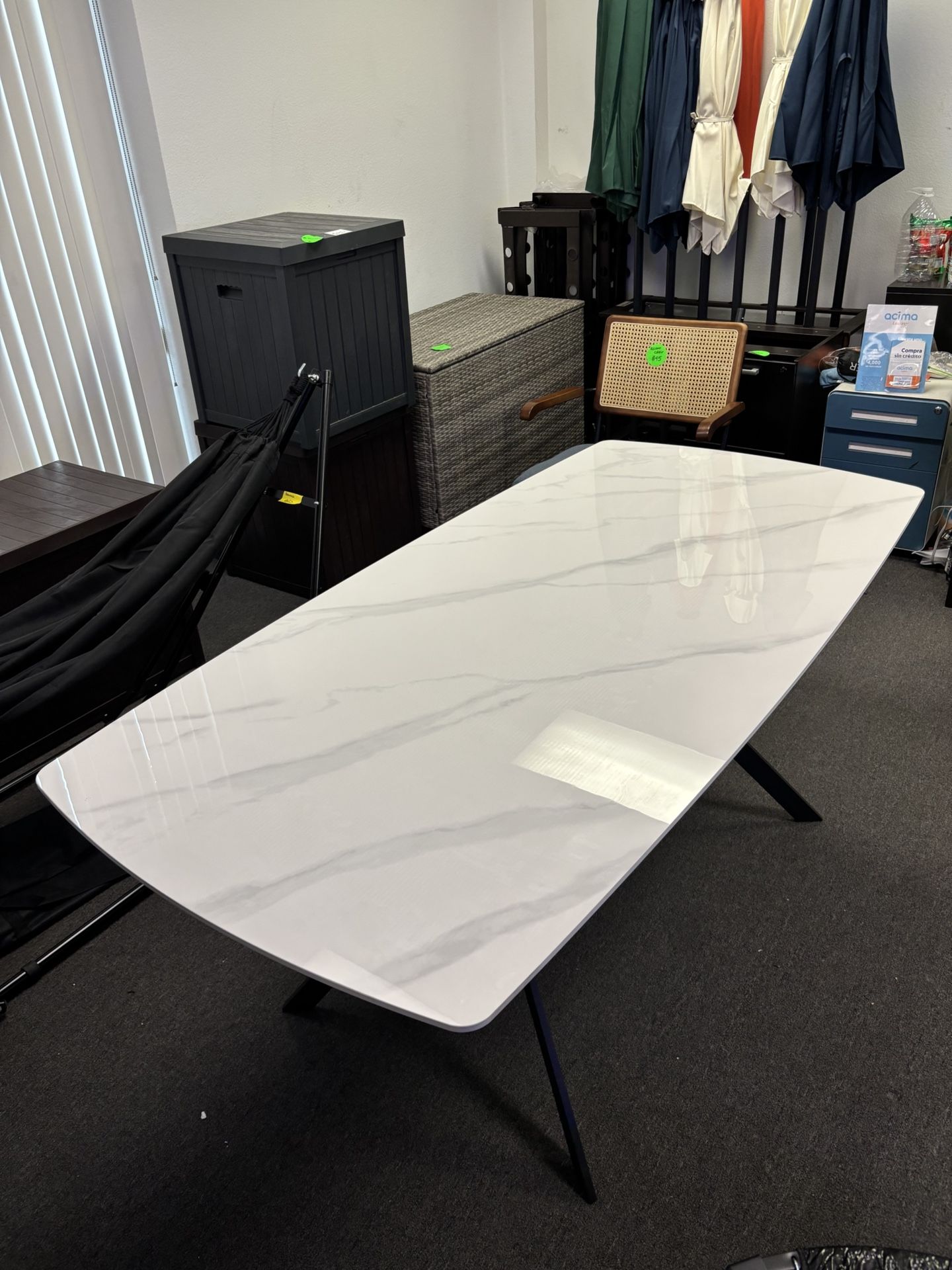 New In Box 70” X 34 3/4” X 30” Rectangular polished glass table with tempered flat edge with marble design