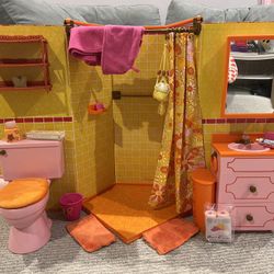 American Girl Doll Julie's Groovy Bathroom Set + Accessories Toilet Wrks RETIRED