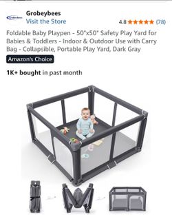 50"x50" Safety Play Yard for Babies & Toddlers - Indoor & Outdoor Use with Carry Bag Collapsible, Portable Play Yard, Dark Gray
