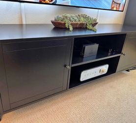 Pottery Barn Black Wood Media Console (Contract Grade)– TV Stand w/ 2 Cabinet Doors (66”L x 24”H)
