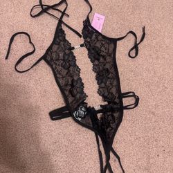 New Medium black lace bodysuit rhinestone lingerie outfit sheer