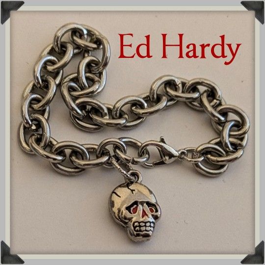 ED HARDY Tattoo Skull Charm Bracelet On Stainless Steel Chain