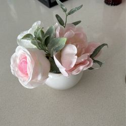 Faux Rose And 2 Other Flower In White Rounded Small Pot decor