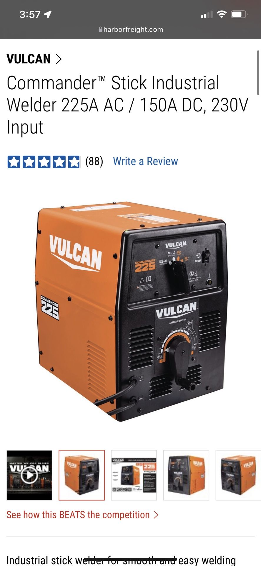 Vulcan Commanderâ„¢ Stick Industrial Welder 225A AC / 150A DC, 230V