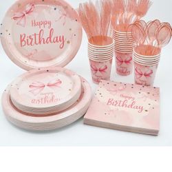 175PCS Pink Bow Birthday Plates and Napkins Party Supplies, Disposable Pink Bow Party Paper Plates for 25 Guests Gold Dot Plastic Forks Knives Spoons 