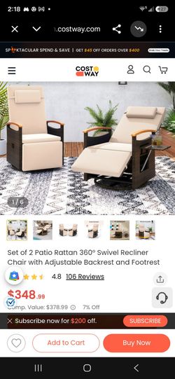 Set of 2 Patio Rattan Swivel Recliner Chairs