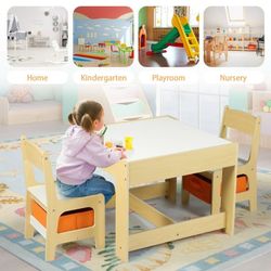 3 in 1 Toddler Wood Table & 2 Chairs Set, Activity Table for Toddlers, Natural