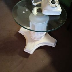 Rolling White Side Table With Round Glass Top . Vintage One Of A Kind Asking $150