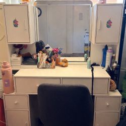 White Vanity w/ LED Mirror (3 Light Settings + Dimmable) – Great Condition