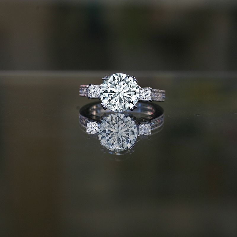 Three Stone intensely radiant Diamond Veneer cubic zirconia Round Miligree Vintage Style Engagement Ring