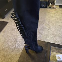 Black Thigh Peep Toe Boot