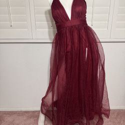 New Small long red burgundy tulle v neck dress gown boho evening photo