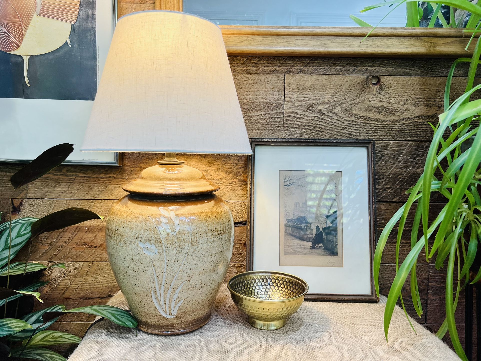 Vintage 70s Stoneware Floral Table Accent Lamp Boho Beige Tan Ombre Ceramic Handmade
