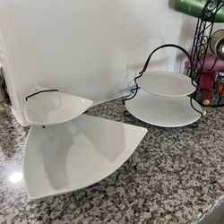 White Ceramic 2-Tier Serving Stands – Triangular & Round Appetizer Trays with Black Metal Holders