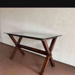 One Pottery Barn Table With Thick Glass Top And  Solid Wood Base