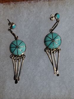 Signed K.E.K. Zuni Sterling Silver Turquoise Inlay Dangle Earrings