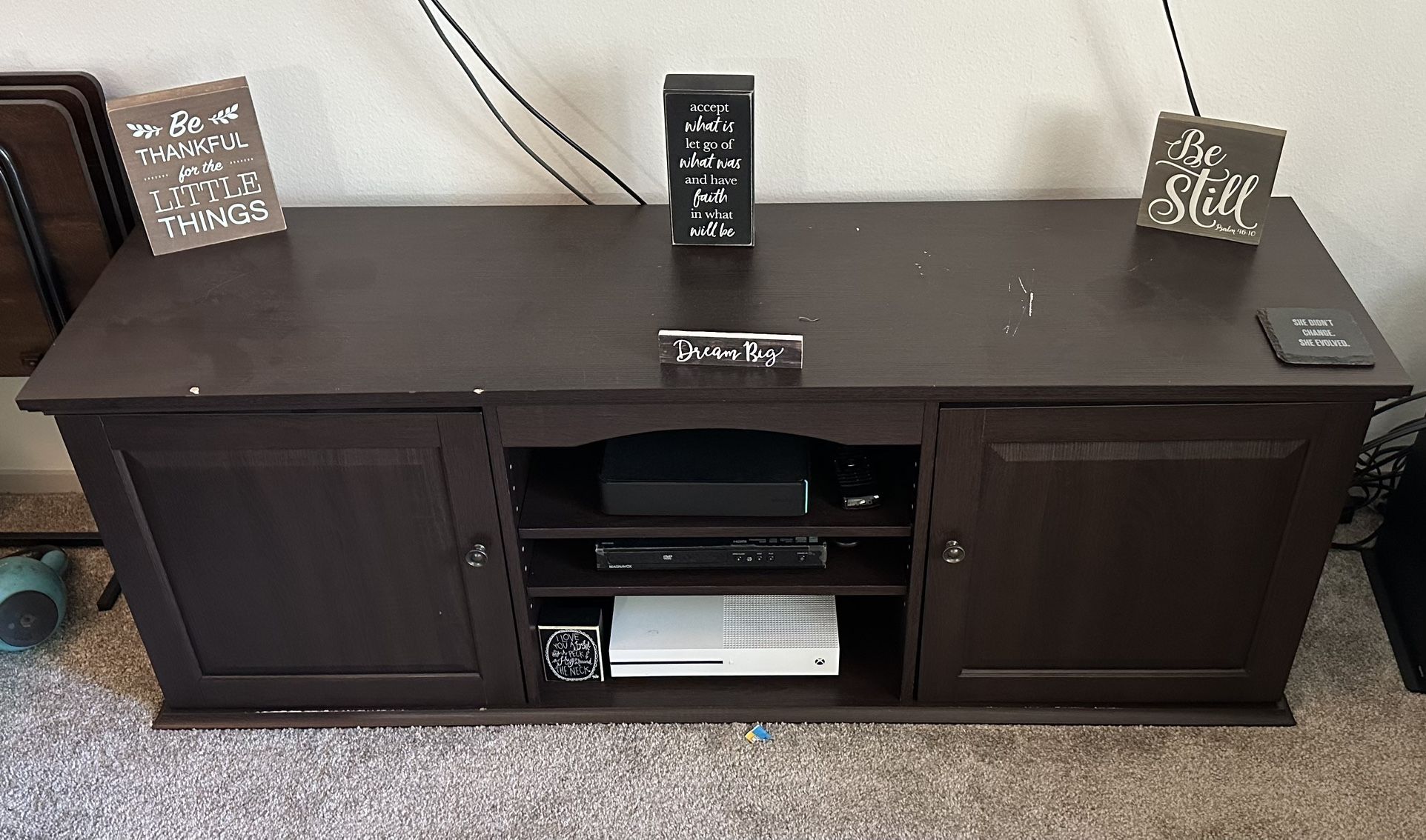 Modern TV Stand with 3 Shelves, 2 cabinets & Cable Management