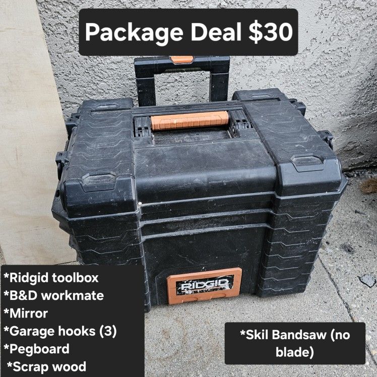 Package Deal: Ridgid Box (Minor Handle Issue), Skil Bandsaw- No Blade, B&D Workmate, Mirror, Pegboard, Scrap Wood Etc., MUST TAKE ALL
