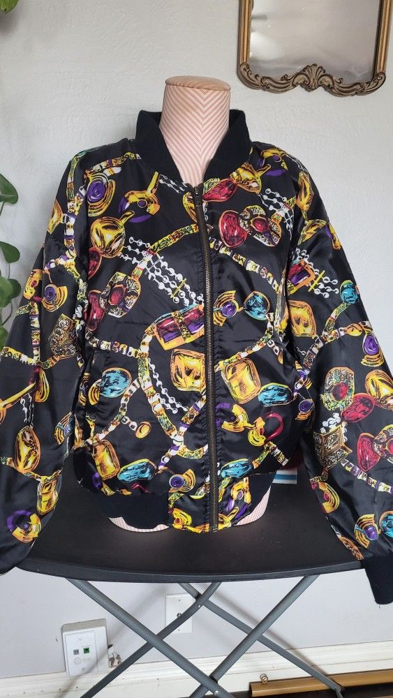 Vintage Braetan Gaudy Gold Jewelry Print Bomber Jacket medium