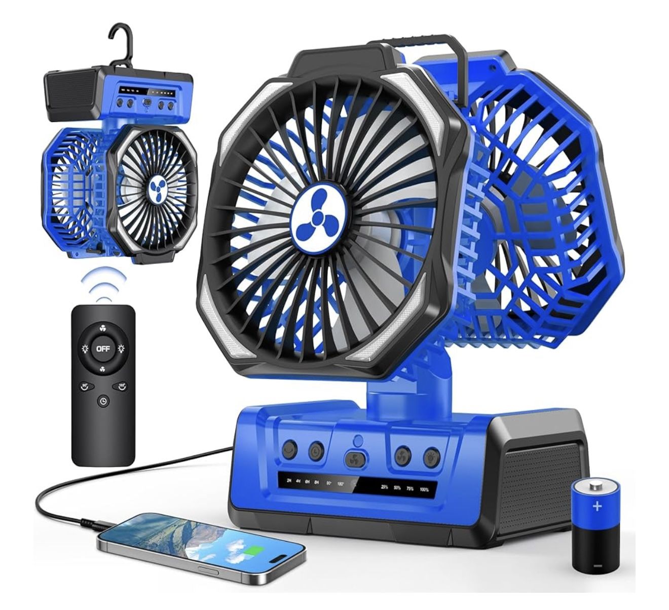 Dual Head Portable Rechargeable Fan 20000mAh Battery Powered Fan Camping Cordless with 360° Air Delivery, LED Lantern & Remote, Auto Oscillation, Batt