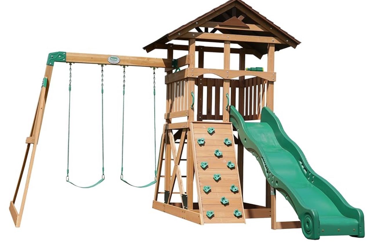 Backyard Discovery Lightning Ridge Cedar Wood Swing Set with Wave Slide, Play Deck, Rock Wall, Sandbox, Belt Swings, Toy Telescope, Steering Wheel, St