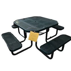 Commercial Style 4 Bench Coated Metal Picnic Table Giant Square Shape, Green
