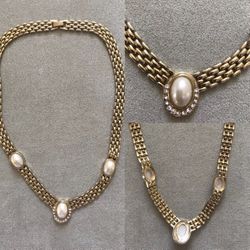 Vtg Art Deco Choker Necklace Ladies gold, pearl Crystal necklace Italy  Minimal to no wear. One mark on one of the Pearl inlays shown   Gorg
