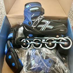 Brand new blue roller skates and protective gear, never used! Adjustable size M (1-4). Ready to roll into fun!