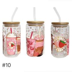 Cafecito Y Fresa Clear Glass Tumbler Cup 16 oz UV DTF Pink Design Glass Straw