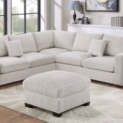 New White Or Gray Corduroy Sectional And Ottoman Sofa Couch 