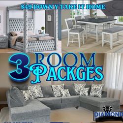 NEW 3 ROOM PACKAGE BED DINING ROOM SECTIONAL SOFA- BEDROOM FURNITURE MATTRESS AND MORE