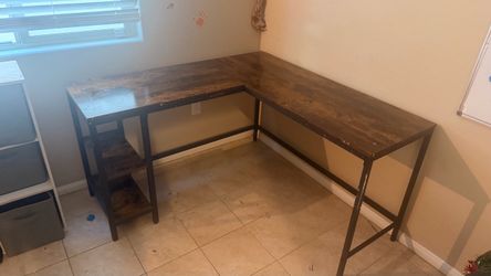 L-Shaped Wood and Metal Desk