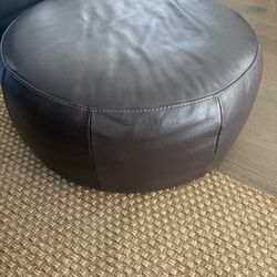 Brown Leather Round Ottoman / Footstool – Great Condition