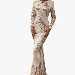 $40 Medium Gold Elegant Formal Sequin Evening Prom Special Occasion Mermaid Long Sleeve Backless Gown