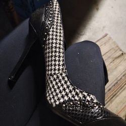 Black & White Checkered Tweed &Patent Leather Pumps