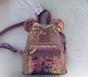 Disney Parks Loungefly Minnie Mouse Rose Gold Sequin Mini Backpack