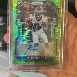 2020 PANINI PRIZM JALEN REAGOR RC NEON GREEN PULSAR ROOKIE AUTO SP #342 EAGLES